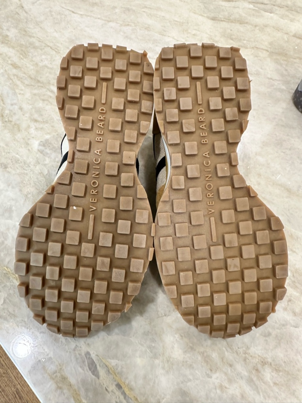 Veronica Beard Tan Suede & Beige Canvas Sneakers with Black Accents - Picture 4 of 7